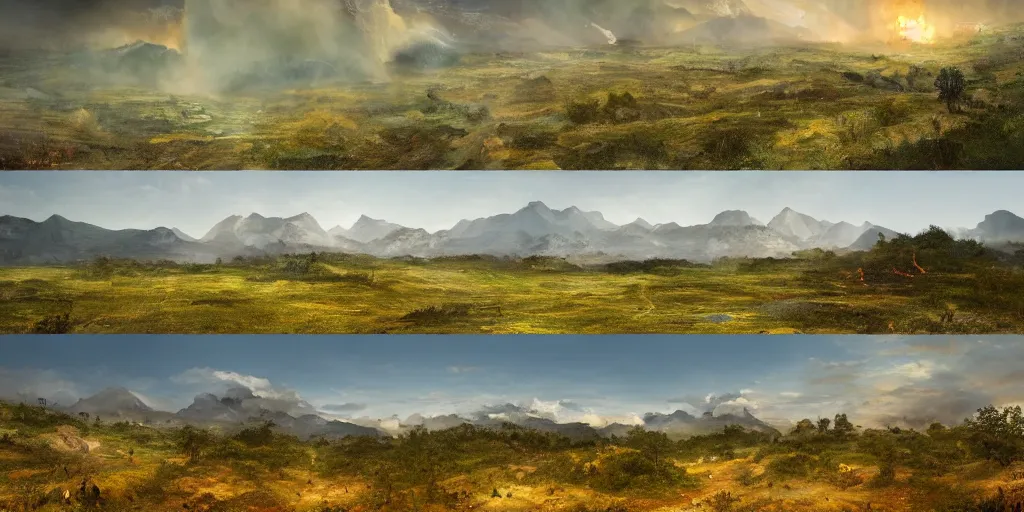 Prompt: two completly different landscapes divided exaclty in the vertical middle by a mysterious force, one landscape with a lot of fire and burned ground and no life and burning sky and another landscape with a lot flora and fauna and trees and blue sky and green ground with lots of gras and animals, hyperrealistic, high quality, 4k, ultra detailed