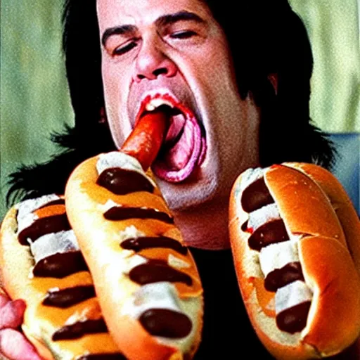 Prompt: danzig shoving a dozen hotdogs into his mouth