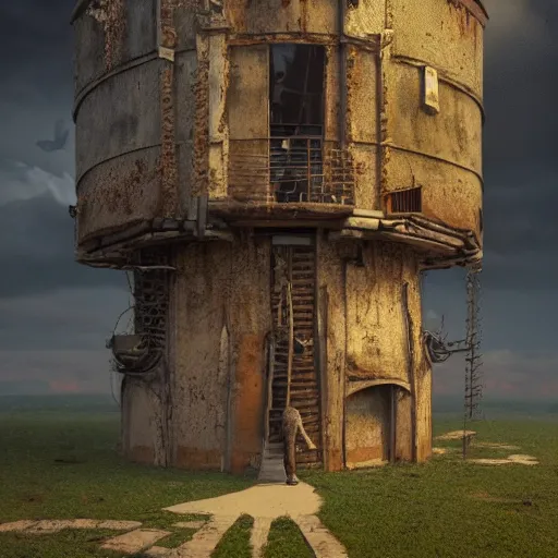 Image similar to loxodon standing in an abandoned tower filled with tarnished furniture, fantasy, artstation, cinematic, octane render, digital art