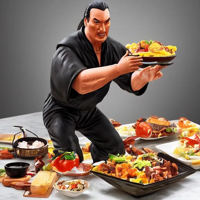 Image similar to detailed figure of steven seagal from asian connection flipping a table of food, first 4 figures, detailed product photo