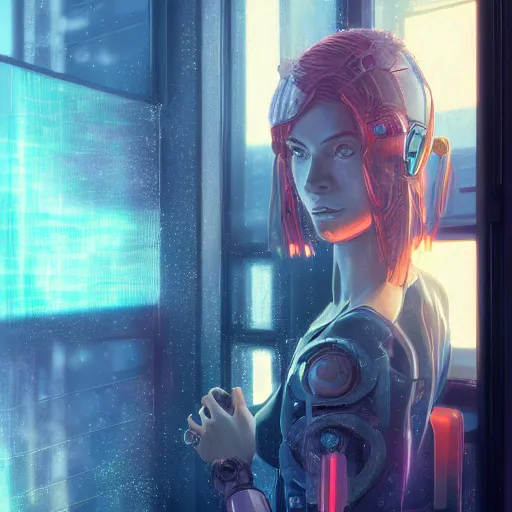 Image similar to portrait of cyberpunk woman looking out of a window, cyberpunk setting, futuristic, highly detailed, intricate lighting, digital painting, sharp focus, illustration, trending on artstation, art by makoto shinkai.