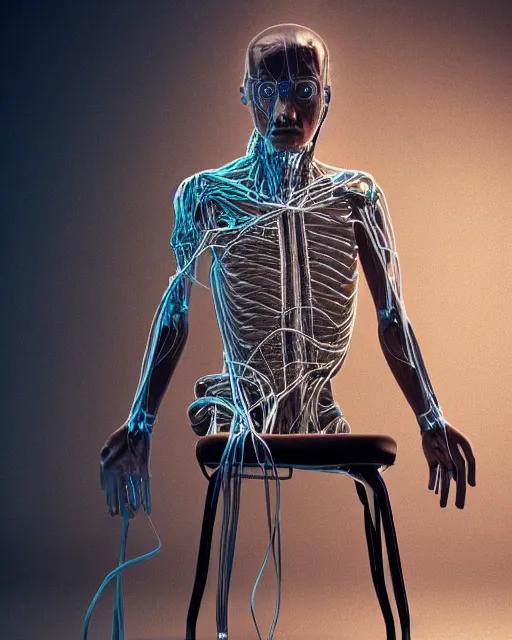 Prompt: a hyperrealistic painting of a human cyborg sitting in a chair with limbs stretched out, tied with electrical cables connected to infinite supercomputers, flood of images flowing from his head, tesseract, vitruvian man, 3 d render, octane, trending on artstation, concept art, insane details, zoomed out