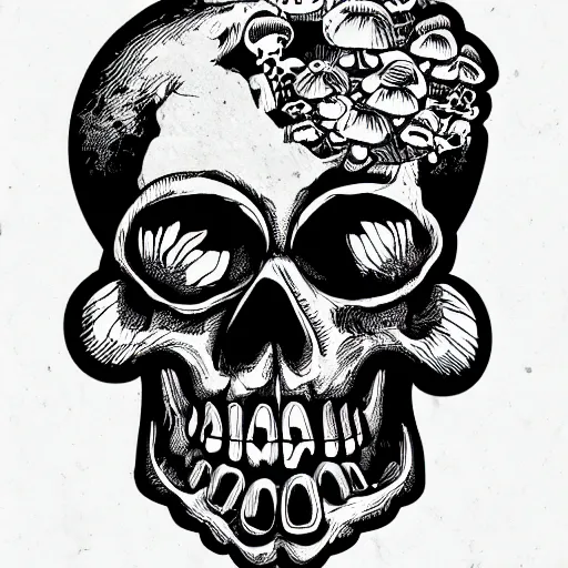 Image similar to skull and mushrooms, bold stylized block print, 4k, black ink on white paper