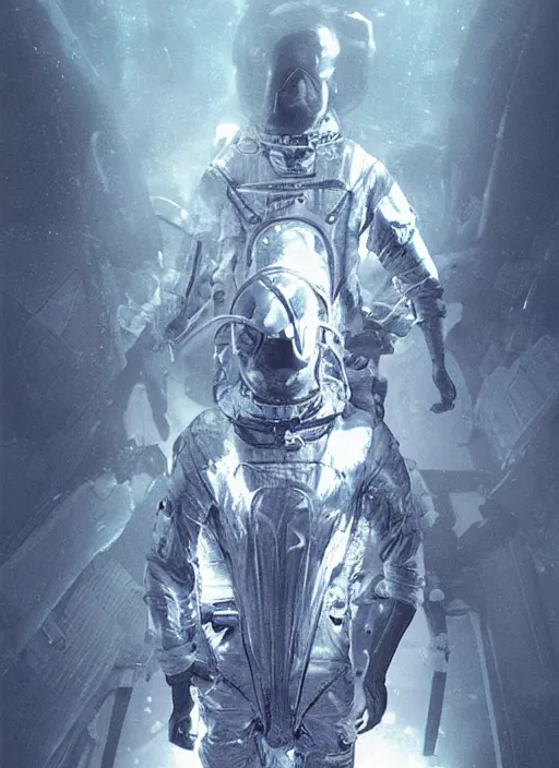 Image similar to astronauts divers in dark void underwater - complex and hyperdetailed technical suit design. reflection and dispersion materials. rays and dispersion of light. volumetric light. f / 3 2. noise film photo. flash photography. ultra realistic, 5 0 mm. poster by wayne barlowe, hajime sorayama aaron horkey, craig mullins