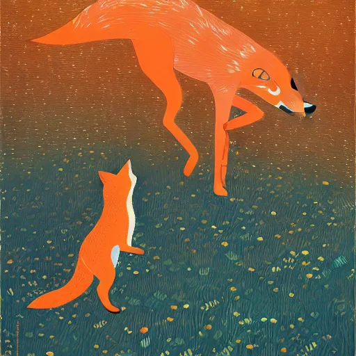 Image similar to little curious fox on the prowl oil painting victo ngai