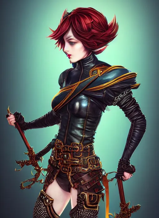 Prompt: rogue, fantasy ornate leather bandit outfit!!! beautiful and athletic short hair female!! gorgeous face and eyes!! character concept art, sharp focus, octane render! unreal engine 5! highly rendered!! trending on artstation!! detailed linework!! illustration by chie yoshii, artgerm, and wlop