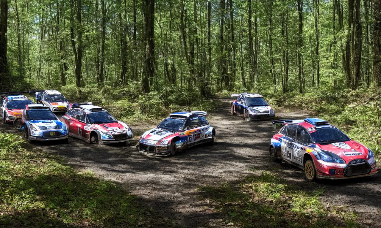 Image similar to 3 rally cars racing through a forest with a river behind them, sun shining through the trees, motion blur high detail ultra realistic 8k,