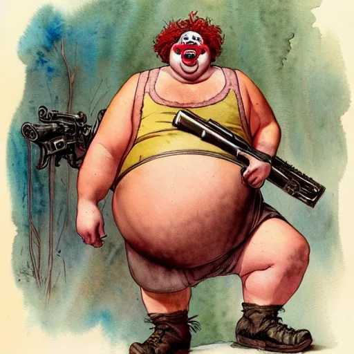 Image similar to a realistic and atmospheric watercolour fantasy character concept art portrait of a fat clown with pink eyes wearing a wife beater and holding a gun. by rebecca guay, michael kaluta, charles vess and jean moebius giraud