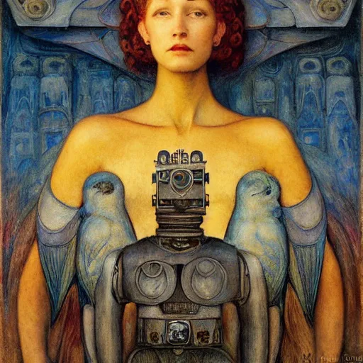 Prompt: the robot queen with her bird, by annie swynnerton and diego rivera and elihu vedder and jean delville, symbolist, dramatic lighting, elaborate geometric ornament, head and shoulders view, art brut, soft cool colors, smooth, sharp focus, extremely detailed, adolf wolfli, donato giancola