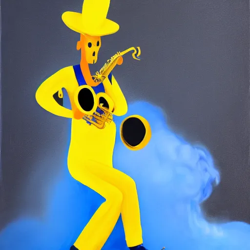 Image similar to man in a yellow costume, yellow hat, holding a saxophone, smoking a cigarette, blue skin, blue smoke, black background, sitting, painting, artwork, meditative