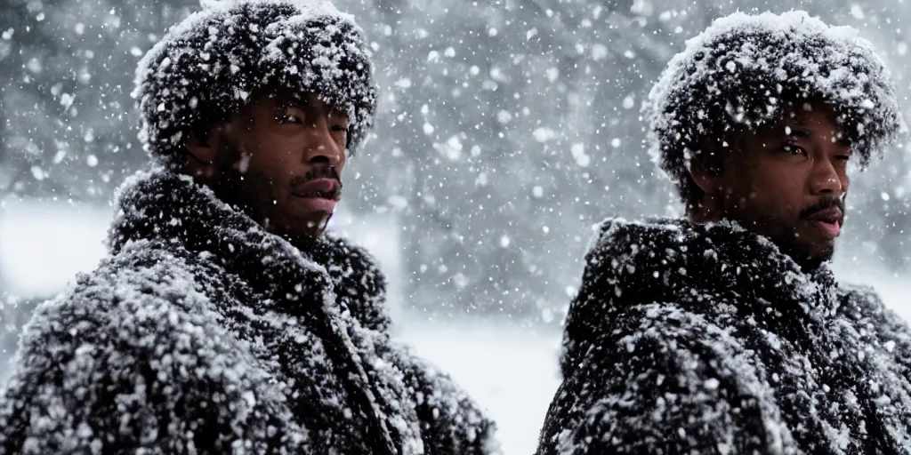 Image similar to a film still of a black man in the snow starring in a japanese blockbuster film as yoshimitsu, shallow depth of field, cinematic, award winning cgi, vfx, film still