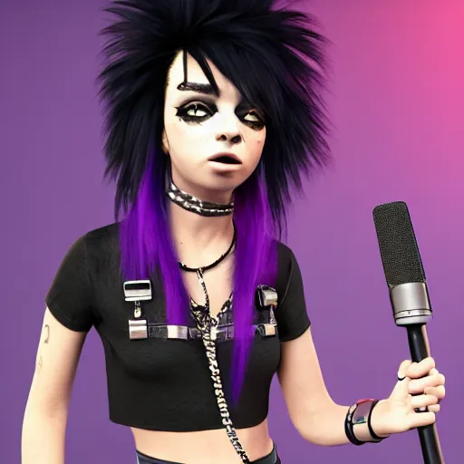 Image similar to high detail unreal engine render of a punk woman in a cropped t - shirt and studded arm bands and a studded belt and ripped black jeans with purple emo hair screaming into a microphone in pixar style 4 k