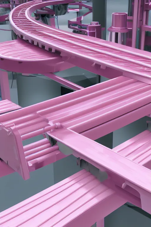 Image similar to Factory Conveyor Belt of Pink Vials, photorealistic, ultra detailed, 4k