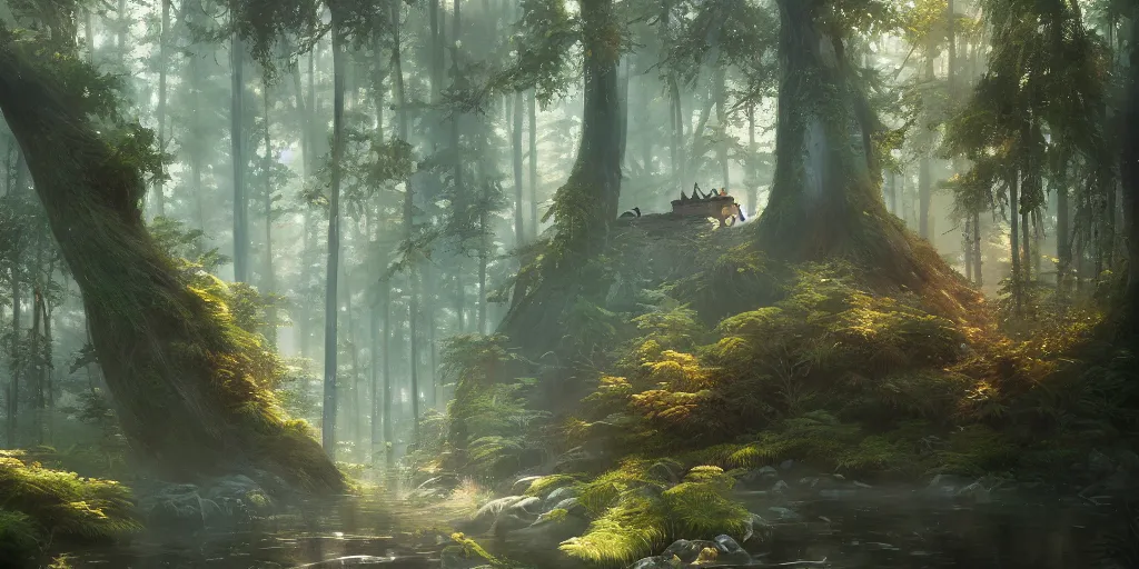 Prompt: a forest, highly detailed oil painting, hyperrealistic, gorgeous lighting, Studio Ghibli, Jessica Rossier, digital art, octane render, beautiful composition, trending on artstation, masterpiece