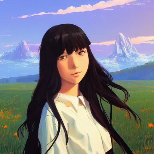 Image similar to portrait of teen girl with long black hair and bangs, detailed facial features, beautiful face, flower fields and mountains in the background, digital painting, artstation, highly detailed, by makoto shinkai and thomas kindle and James gilleard