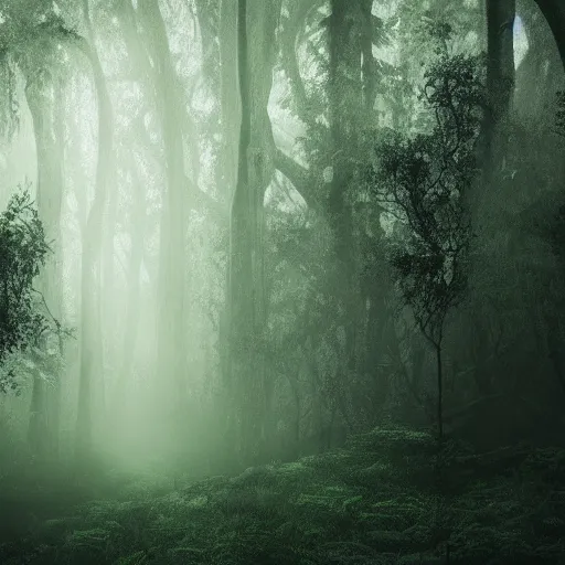 Prompt: deep jungle scene, dark atmosphere, dense fog, dark green tones