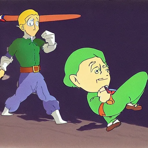 Image similar to cel - shaded image of joe biden as tingle from legend of zelda, studio ghibli animation cel