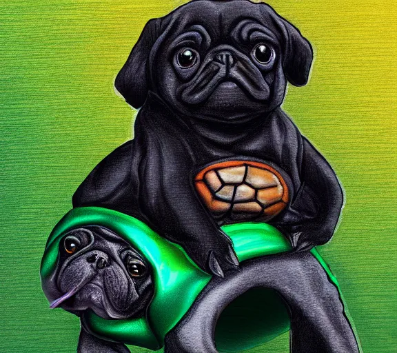 Image similar to a cute little turtle sitting on the back of a black pug, digital art, colourful