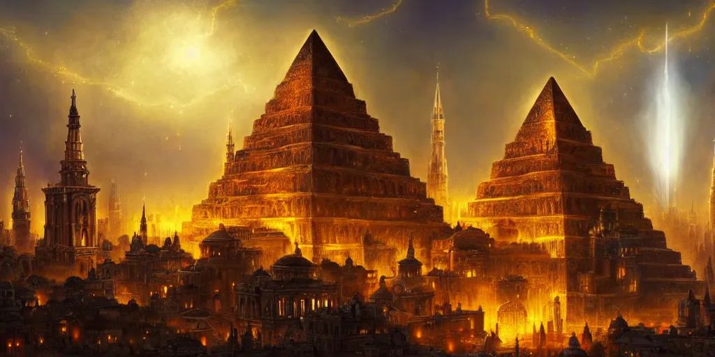 Image similar to magical city of the Great Tartarian Empire adorned with amazing lost technology, lighting resembling fireflies, spires from rooftops collecting and distributing etheric energy, the centerpiece of the city is a colossal ancient pyramid made of metal, cityscape, combining intense detail & utmost quality, Christian Hecker, Artstation, - H 832