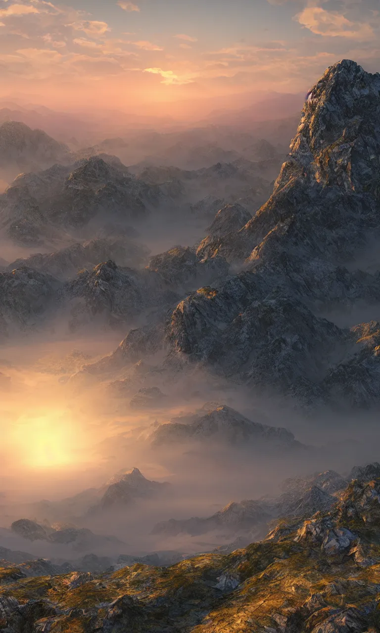 Image similar to a high mountain peak overlooks a misty mountainous landscape at sunset, 4k digital art, trending on artstation, golden hour, beautiful lighting