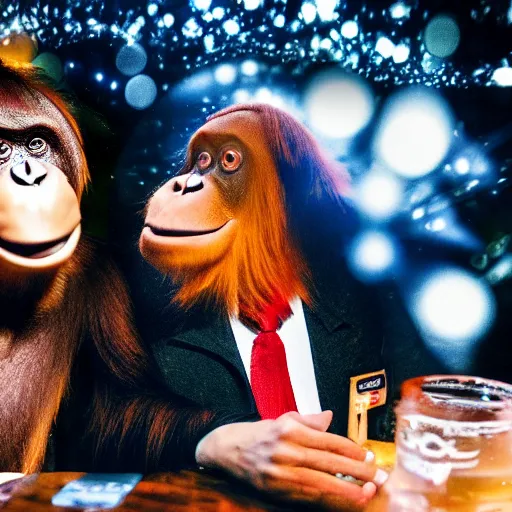 Prompt: A photo of an orangutan drinking beer with Michael Gove at the club, disco lights, bokeh, hyperdetailed