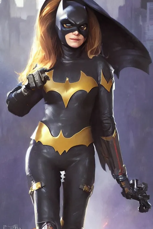 Prompt: portrait of a young Michelle Pfeiffer as Batgirl in bikini armor, dc comics, cyberpunk, Warhammer 40000, dark fantasy, digital art from artstation by Ruan Jia and Mandy Jurgens and Artgerm and william-adolphe bouguereau