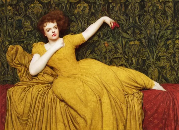 Prompt: portrait of judy garland reclining on bed, wearing yellow ochre ornate medieval dress, preraphaelite colour photography by frederic leighton, william morris, 8 k