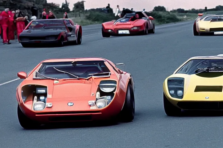 Prompt: vintage race footage of a single 1965 De Tomaso Pantera, with elements of the F40, Lotus, BMW M1, GT40 and Countach, movie still, speed, cinematic Eastman 5384 film