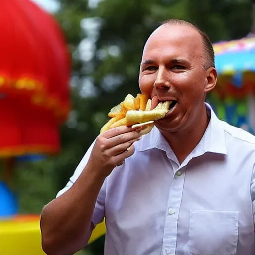 Prompt: peter dutton has revealed he was bombarded with text messages after he was pictured awkwardly eating a dagwood dog at a carnival