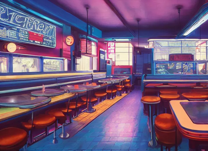 Image similar to interior of an american diner in arkansas, cyberpunk style, hyperrealistic and beautiful painting, 8 k resolution, by hugh ferris and john smith, polished, fine detail, intricate, blue color scheme, smooth, octane, concept art, trending on artstation