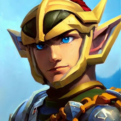 Image similar to greg manchess portrait painting of armored link from legend of zelda as overwatch character, medium shot, asymmetrical, profile picture, organic painting, sunny day, matte painting, bold shapes, hard edges, street art, trending on artstation, by huang guangjian and gil elvgren and sachin teng