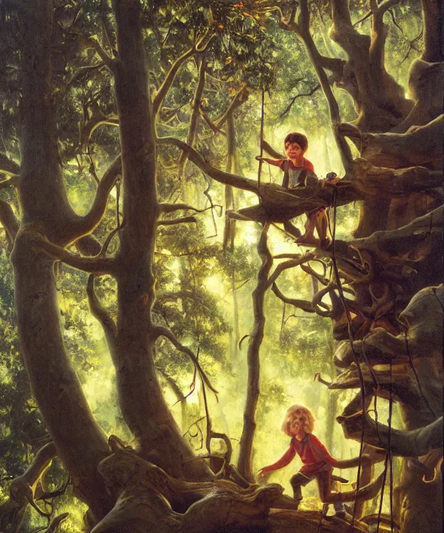 Image similar to masterful oil on canvas painting, eye - level view, shot from 5 0 feet distance, of a kid playing in a treehouse. in the background is a whimsical sparse forest. golden hour, detailed, depth, volume, chiaroscuro, quiet intensity, vivid color palette. by tex avery and gerald brom