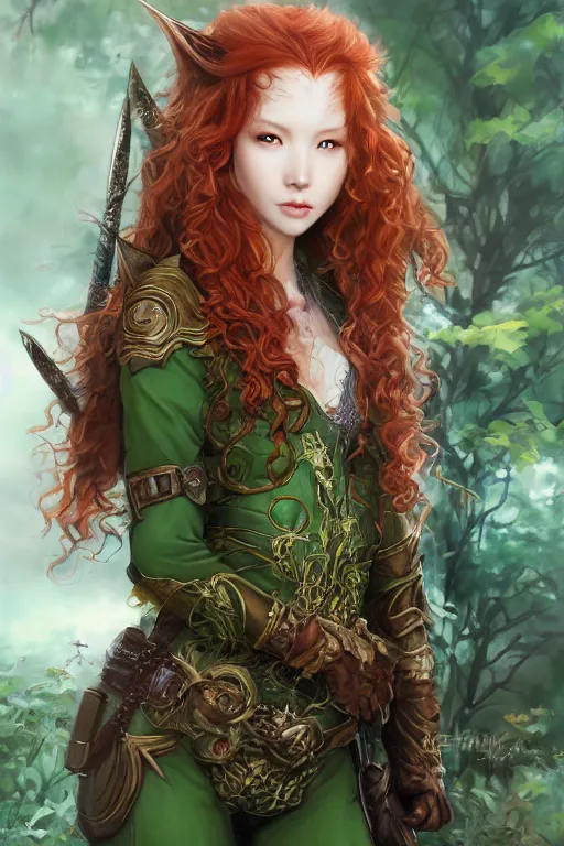 Image similar to A realistic anime portrait of long curly haired redhead female elf ranger wearing an intricate fantasy ranger outfit, asian facial features, green eyes, digital painting, by Stanley Artgerm Lau, Sakimichan, WLOP and Rossdraws, digtial painting, trending on ArtStation, SFW version