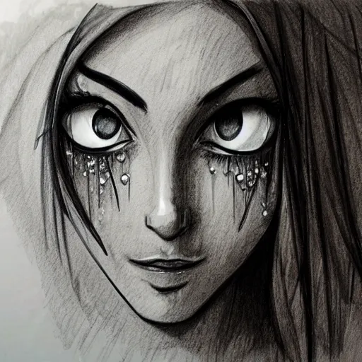 Prompt: sketch of a girls eyes with tears in them