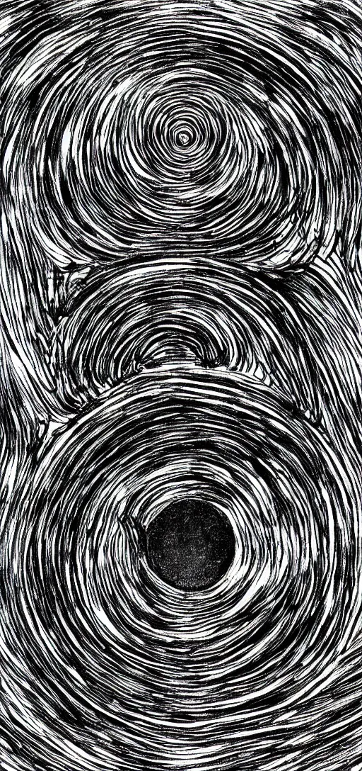 Prompt: A black hole with event horizon in the center with space around it, high detail, Junji Ito