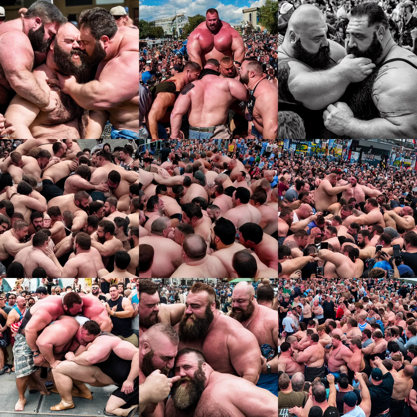 Prompt: crowd of big burly strongmen kissing, dad energy, wholesome, brotherhood, photography, high resolution, very detailed, clear, smooth, manly, epic