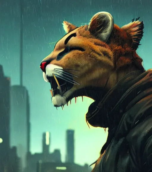 Image similar to new york city portrait of furry anthro anthropomorphic cougar mountain lion head animal person fursona wearing clothes strange cybernetic muzzle gloomy rainy screenshot from the video game cyberpunk 2077 digital art by Greg Rutkowski, Simon Stalenhag, christopher nolan trending on Artstation, CGSociety