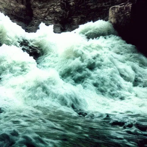 Image similar to a cave with a rushing wave of water, creepy, eerie, unsettling, terrifying, jagged rocks, dark, grainy, noisy, slightly blurry, polaroid, deep!!!!!, dark!!!