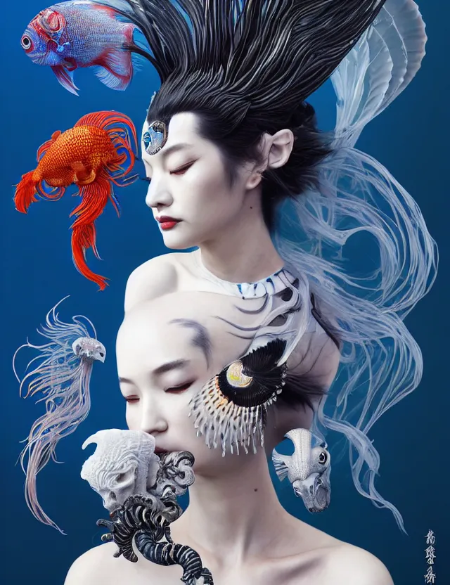 Image similar to 3 d goddess half - turn portrait with ram skull. beautiful intricately detailed japanese crow kitsune mask and clasical japanese kimono. betta fish, jellyfish phoenix, bio luminescent, plasma, ice, water, wind, creature, artwork by tooth wu and wlop and beeple and greg rutkowski