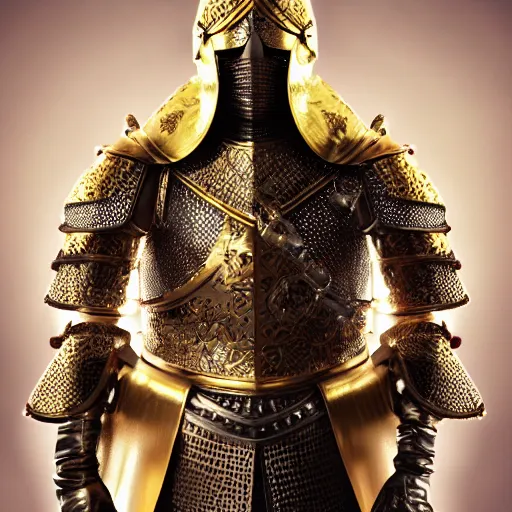 Image similar to a highly detailed full-length knight in a golden helmet and crown with a diamond in the center, golden armor, leather clothes under the armor, leather gloves, king artstation, DeviantArt, professional, octane render, epic, blender