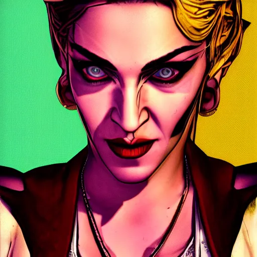 Image similar to madonna portrait, borderlands, tales from the borderlands, the wolf among us, comic, cinematic lighting, studio quality, 8 k