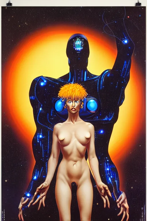 Prompt: space alien art by Hajime Sorayama and Artemisia Gentileschi, centered, symmetrical, led, blue lazers, bilateral symmetry, third person, 80s poster, sci fi, blade runner, kubrik, 2D matte illustration