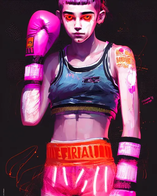 Image similar to detailed portrait Neon boxer Girl, cyberpunk futuristic neon, reflective crop top and shorts, boxing gloves, decorated with traditional Japanese ornaments by Ismail inceoglu dragan bibin hans thoma greg rutkowski Alexandros Pyromallis Nekro Rene Maritte Illustrated, Perfect face, fine details, realistic shaded, fine-face, pretty face