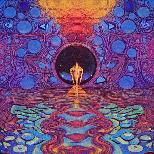 Prompt: highly detailed optical illusion of a dmt breakthrough filled with magical energy by edmund dulac and android jones