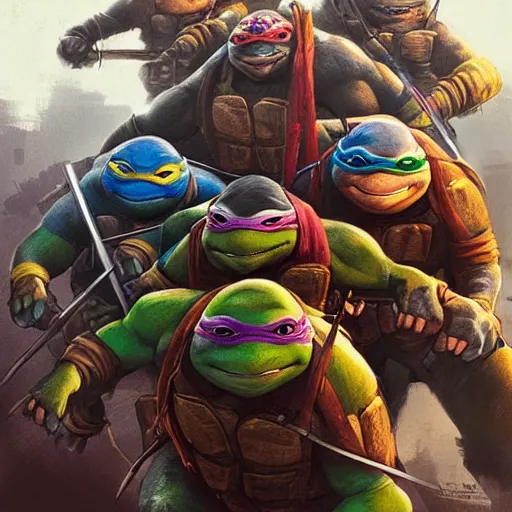 Prompt: a portrait of the ninja turtles by greg rutkowski