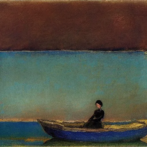 Prompt: a woman and her black and brown chihuahua at the sea with a boat in the distance by odilon redon