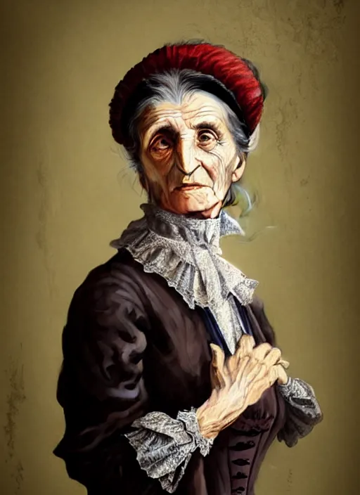 Prompt: a portrait of an old italian woman with a crooked nose in victorian clothing, confident pose, intricate, elegant, sharp focus, illustration, highly detailed, concept art, matte, trending on artstation, anime, art by james jean and artgerm and brian despain and alberto mielgo, greg rutkowski, wlop, ilya kuvshinov, strong strokes