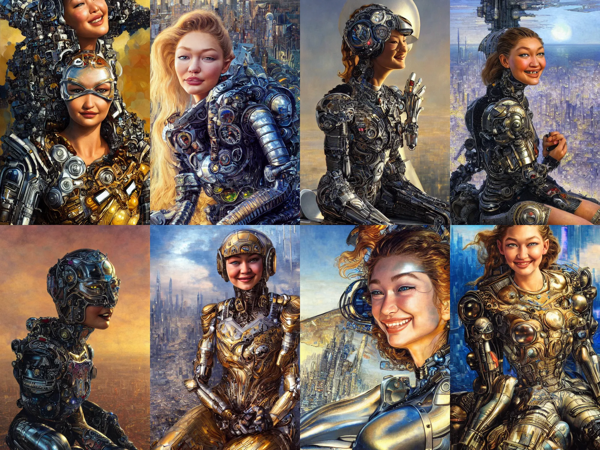 Image similar to close - up portrait of epic young gigi hadid smiling into camera, intricate cyborg armor, sitting on a bench, vista of futuristic city, windy, golden hour, wlop, by gerald brom, by mikhail vrubel, by peter elson, extreme detail, trending on artstation