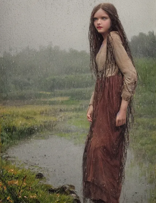 Image similar to wet long hair very beautiful happy peasant girl under the rain, without umbrella, country style, stones and lake background, portrait, Cinematic focus, Polaroid photo, vintage, neutral colors, soft lights, foggy, by Steve Hanks, by Serov Valentin, by lisa yuskavage, by Andrei Tarkovsky 8k render, detailed, oil on canvas