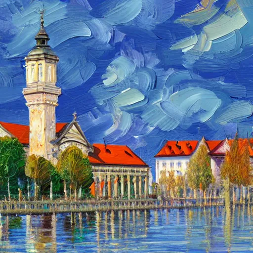 Image similar to a beautiful impasto oil painting of the city of the chiemsee, digital art